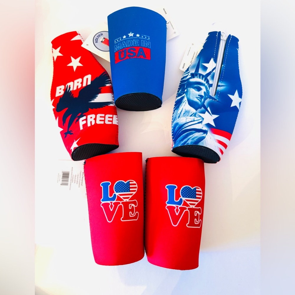Set of 5 USA America Can and Bottle Koozies 
Coozie Red White and Blue NWT!